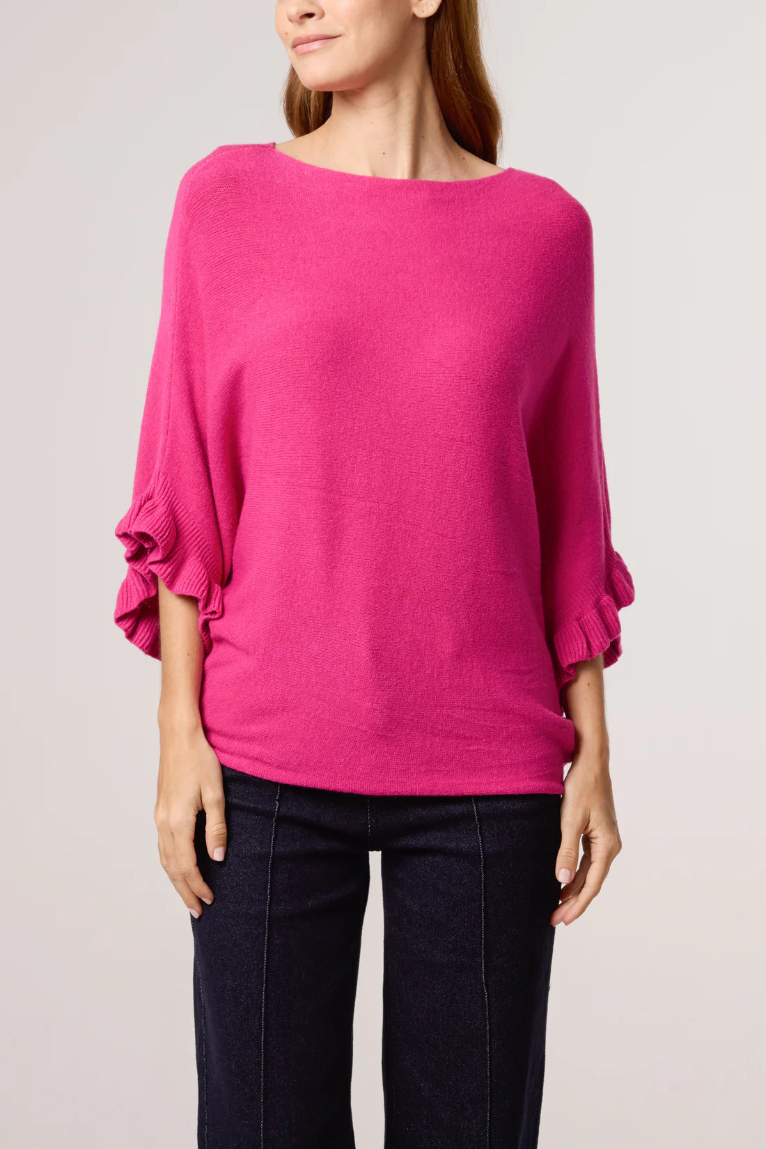 Frill Cuff Batwing Sleeve Slouchy Jumper cerise pink