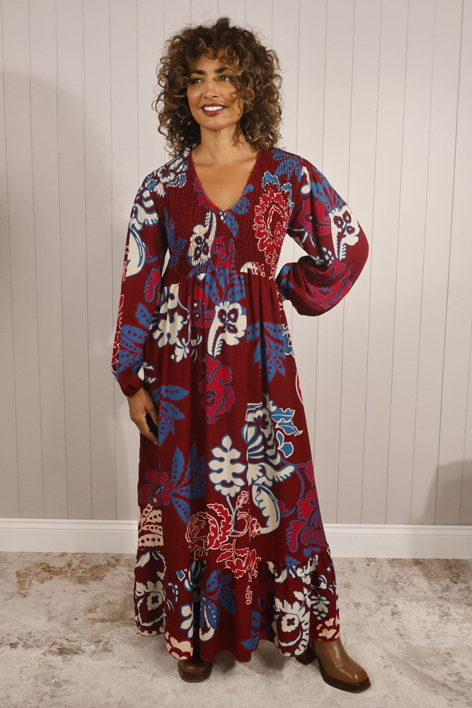 Lily Shirred Bodice Long Sleeve Maxi Dress - Paisley Print - 3 Colours