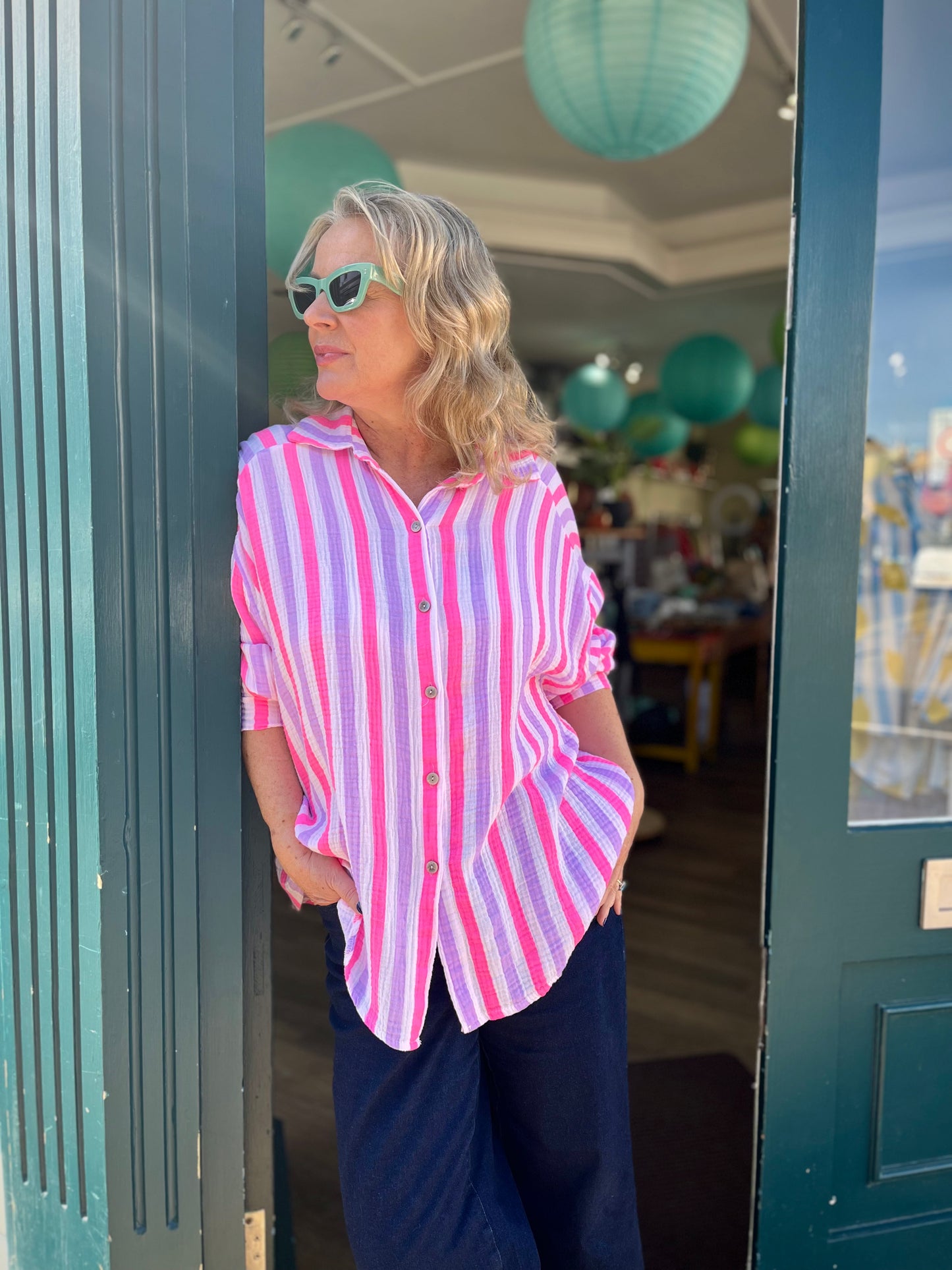 Amy pink white & lilac stripe oversized cotton cheesecloth shirt