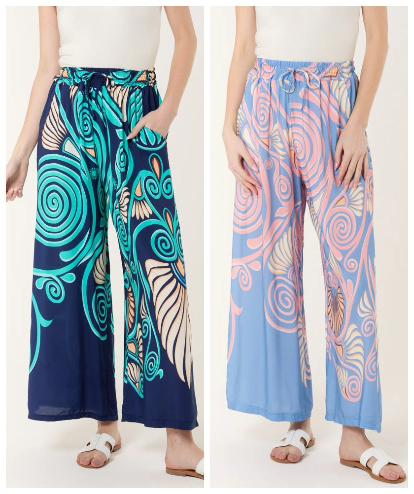 Helene Wide Leg Spiral Print Trousers - Pale Blue Or Navy