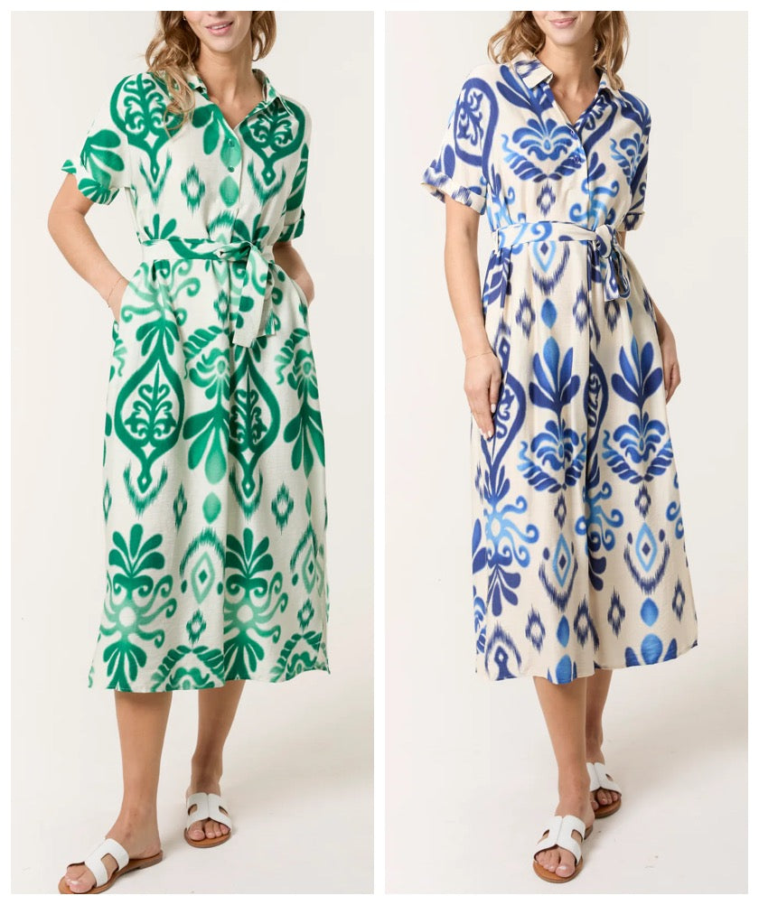 Michelle Ikat Print Short Sleeve Shirt Dress - Green Or Blue