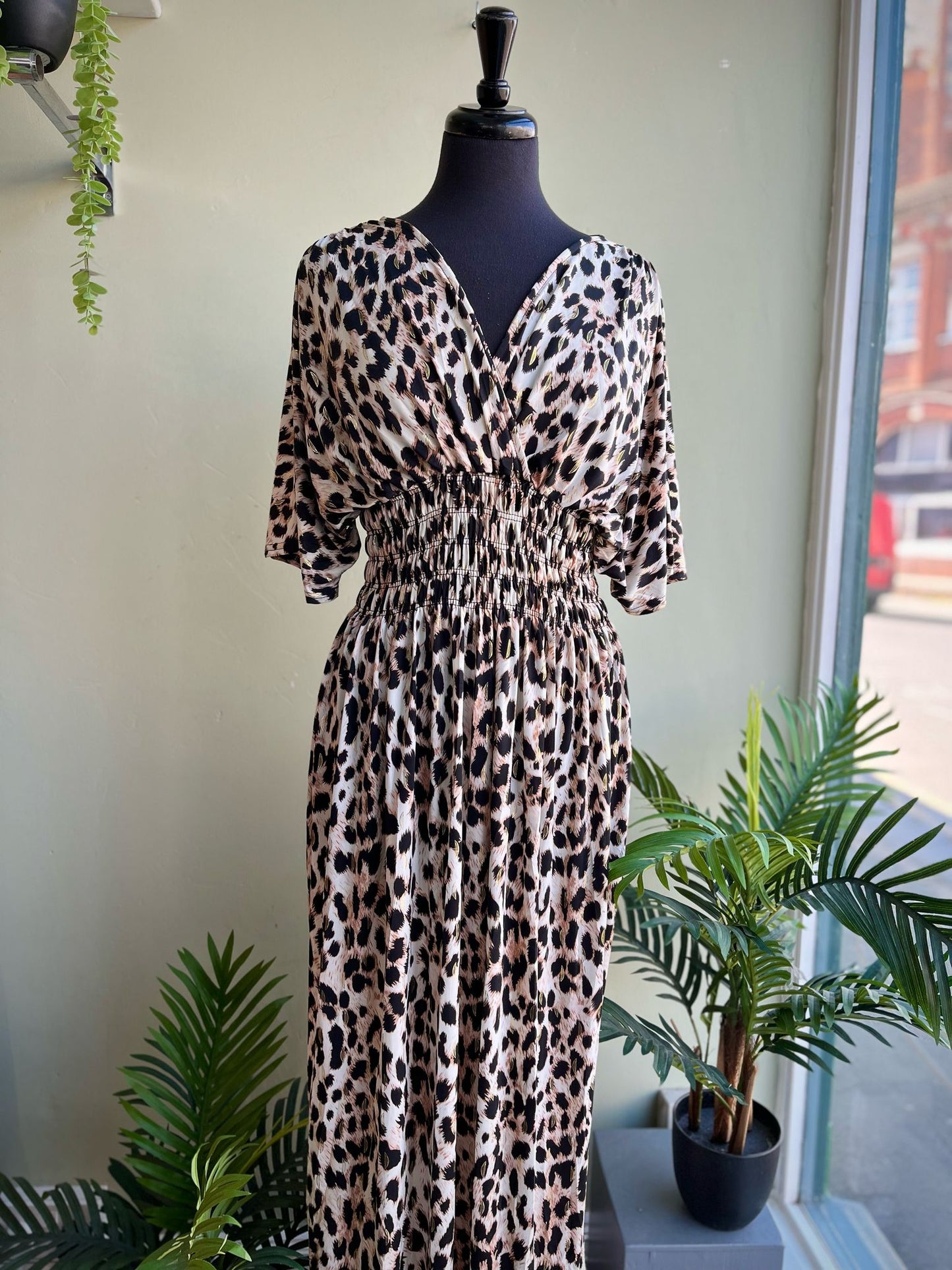 Becky Slinky Leopard Print Angel Sleeve Maxi Dress - Neutral Or Blue