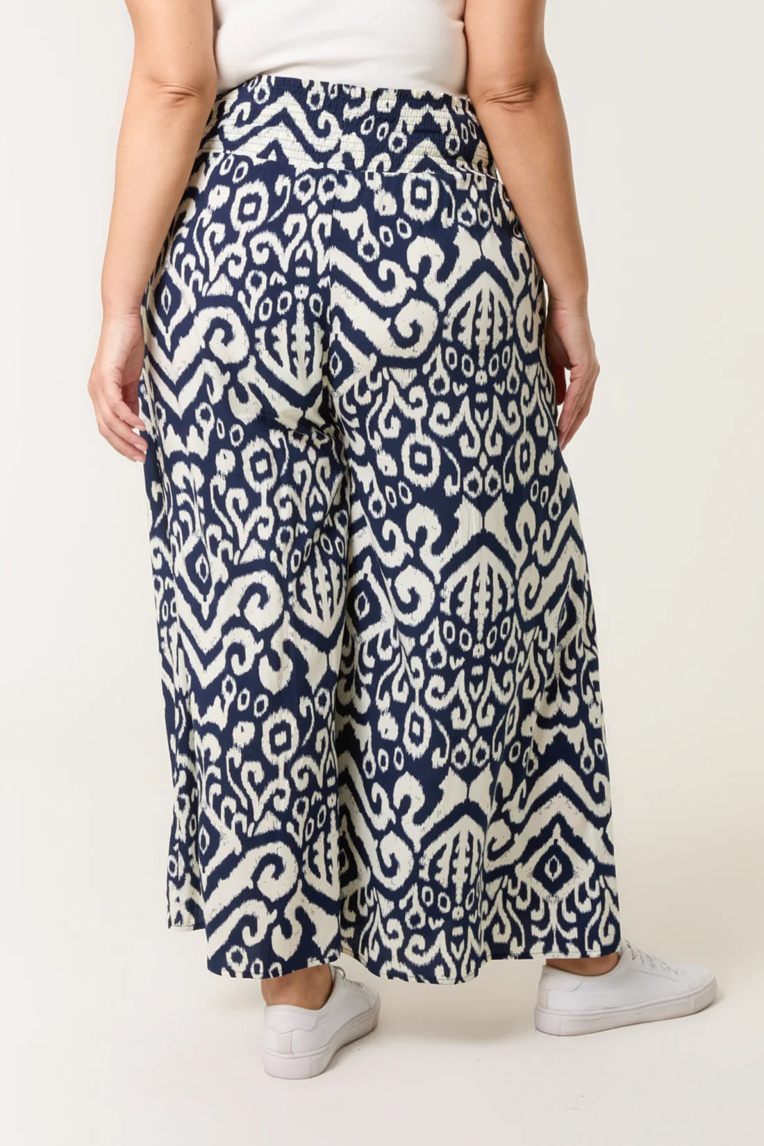 Tamarisk Curve Shirred Waist Ikat Print Wide Leg Trousers - Blue & White