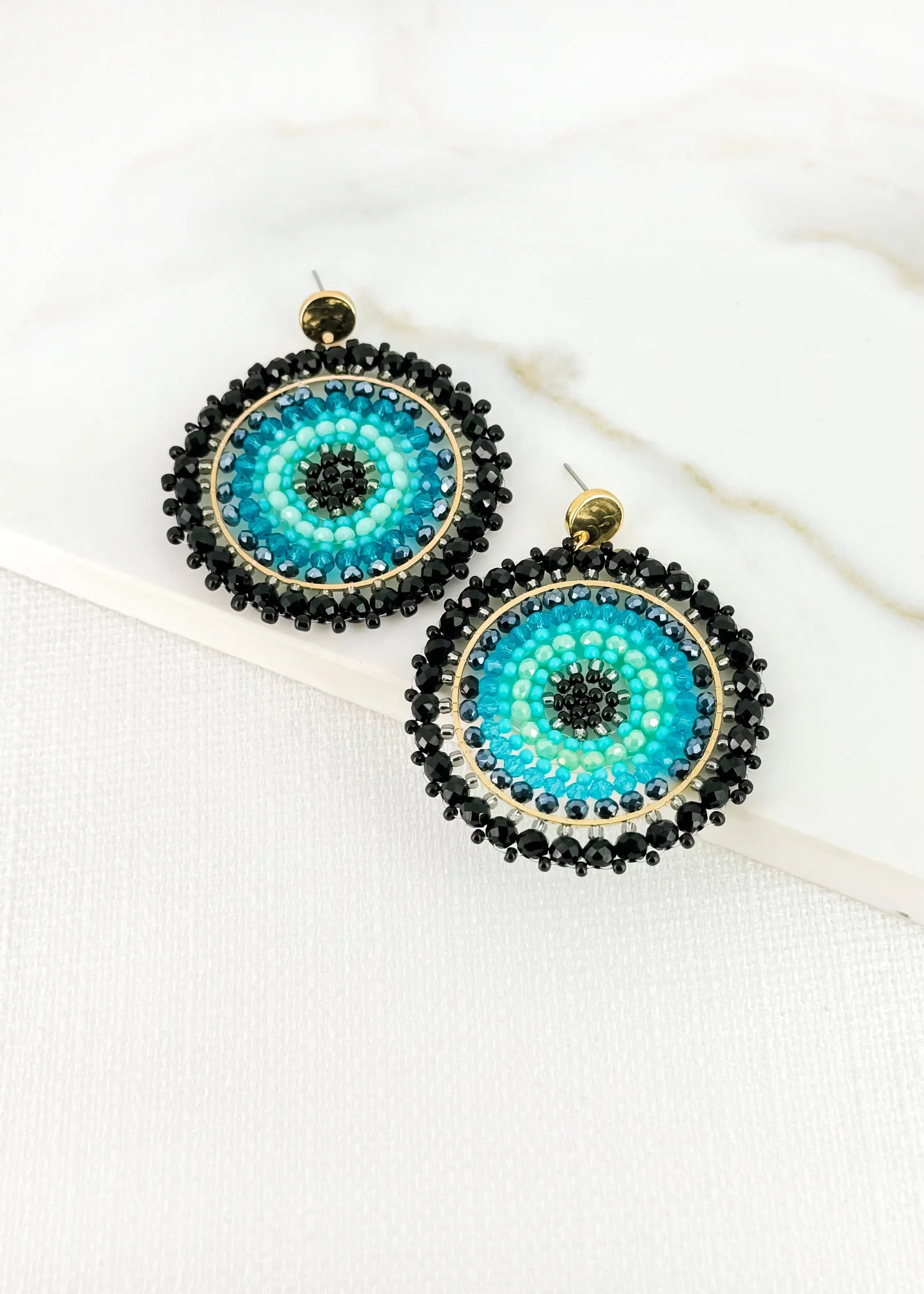 Envy Jewellery Boho Large Round Beaded Earrings - Turquoise & Navy