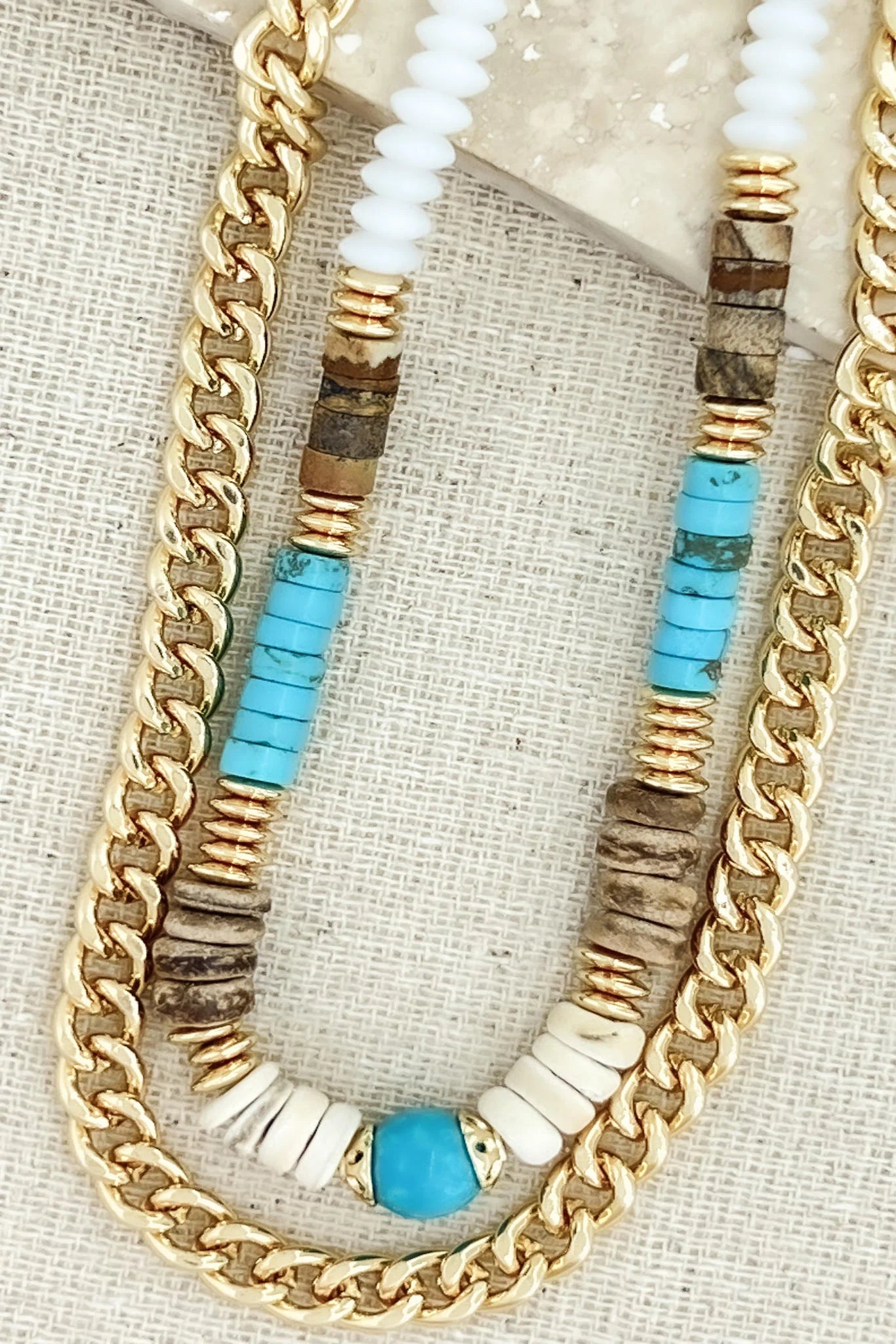 Envy Jewellery Long Gold, Wood And Turquoise Necklace