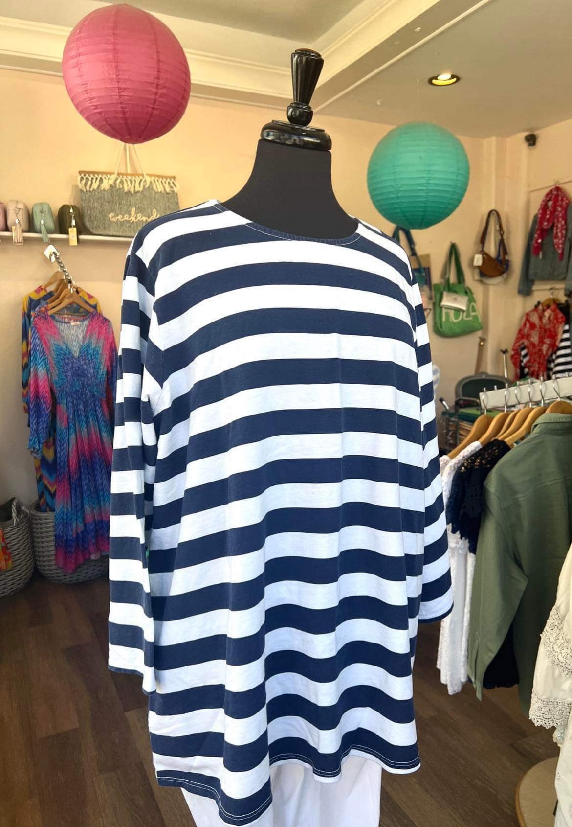 Gee Slouchy Blue & White Long Sleeved Striped Tunic Top