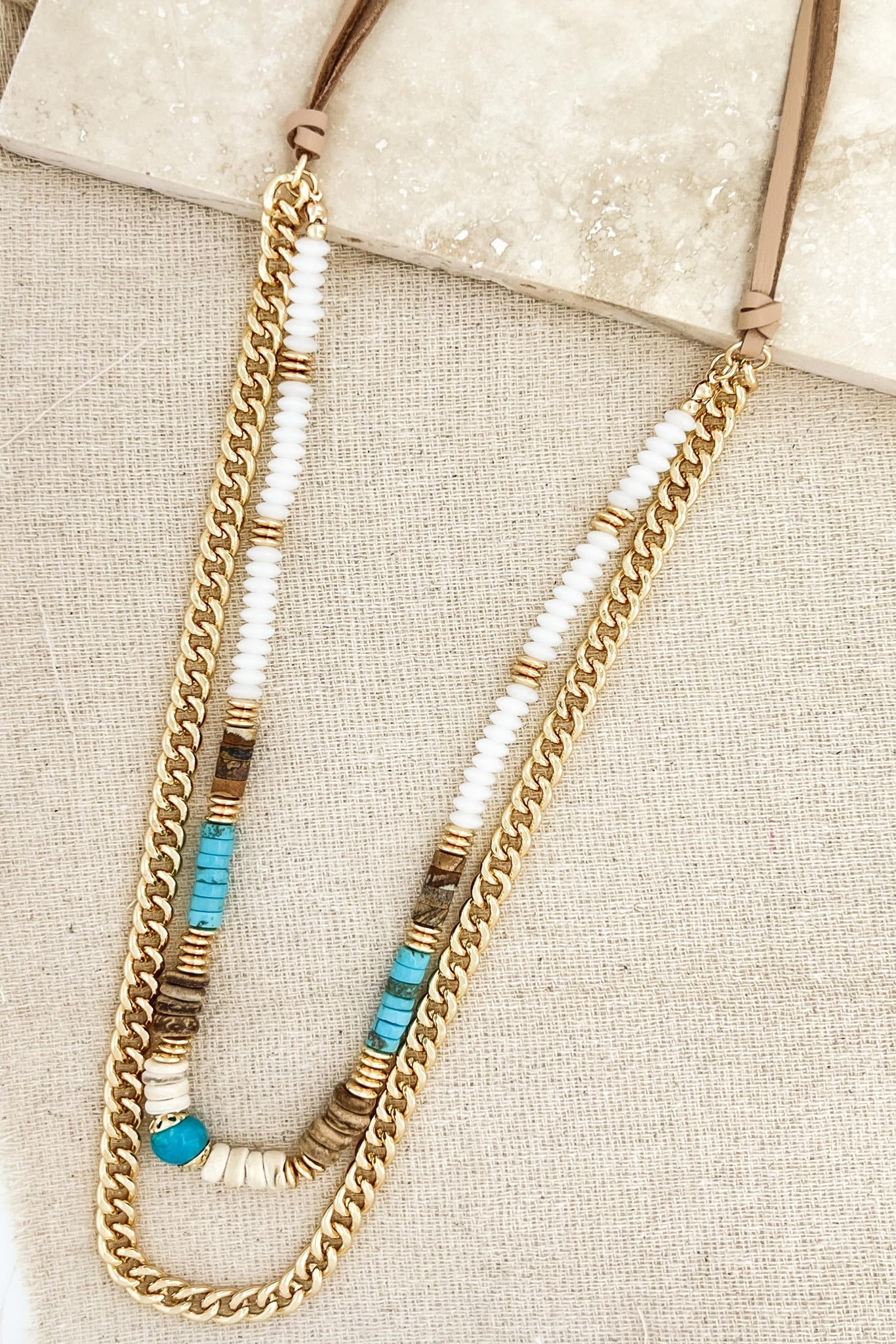 Envy Jewellery Long Gold, Wood And Turquoise Necklace