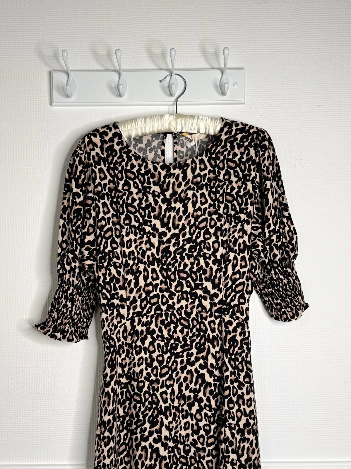 Zoe Leopard Print Midi Tea Dress With Ruched Sleeves