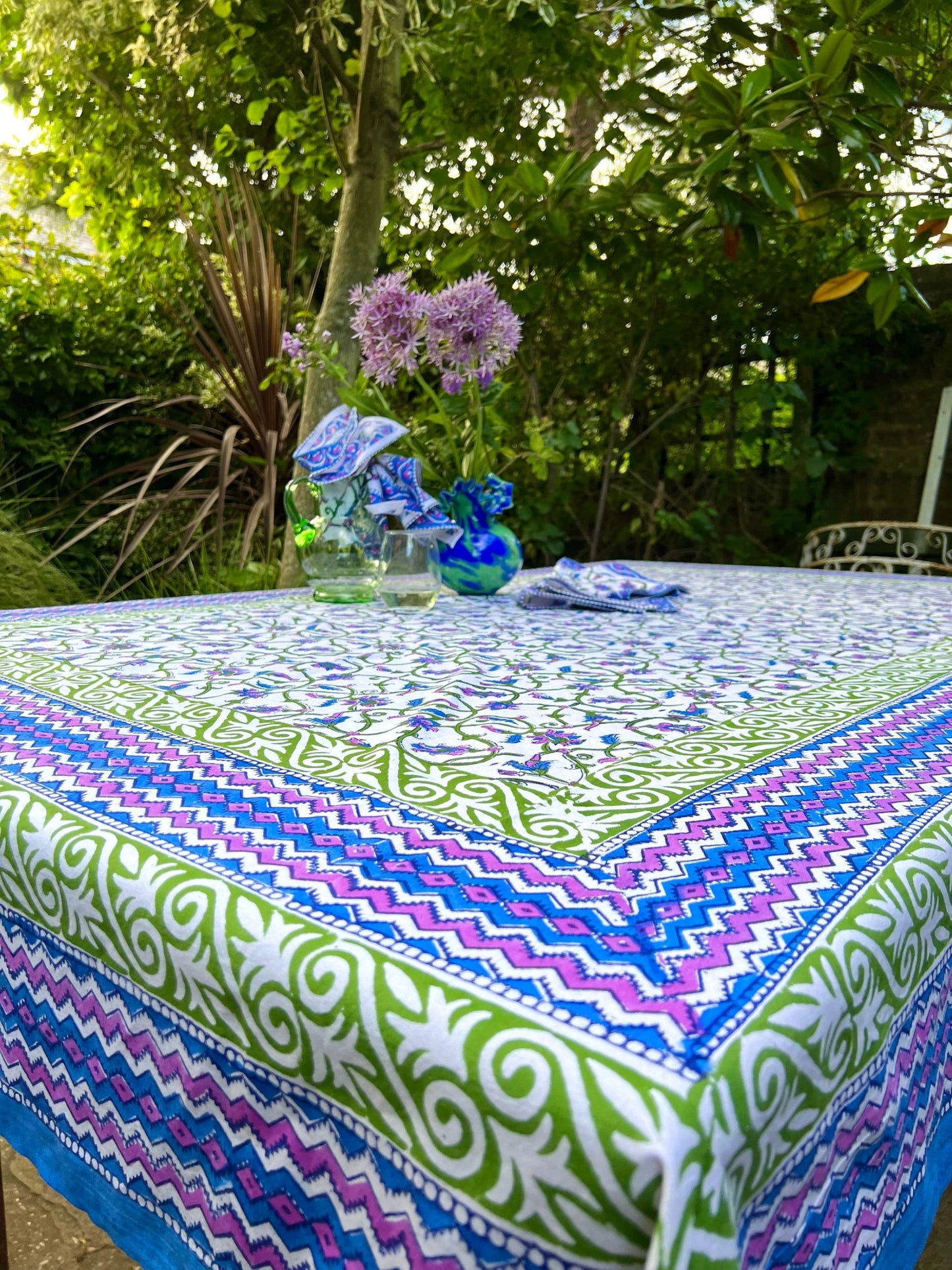 Hand-Block Printed Rectangular Cotton Tablecloth- Purple, Green & Blue