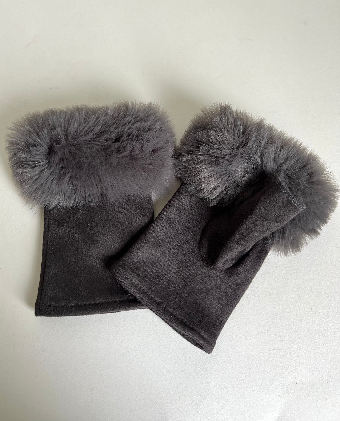 Faux Fur & Suedette Fingerless Gloves charcoal grey