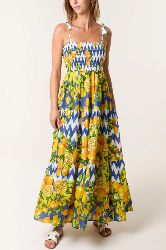 Scala Lemon Print Shirred Bandeau Maxi Sun Dress - Blue & Yellow