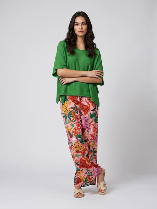 Pink Jungle Print Wide Leg Trousers