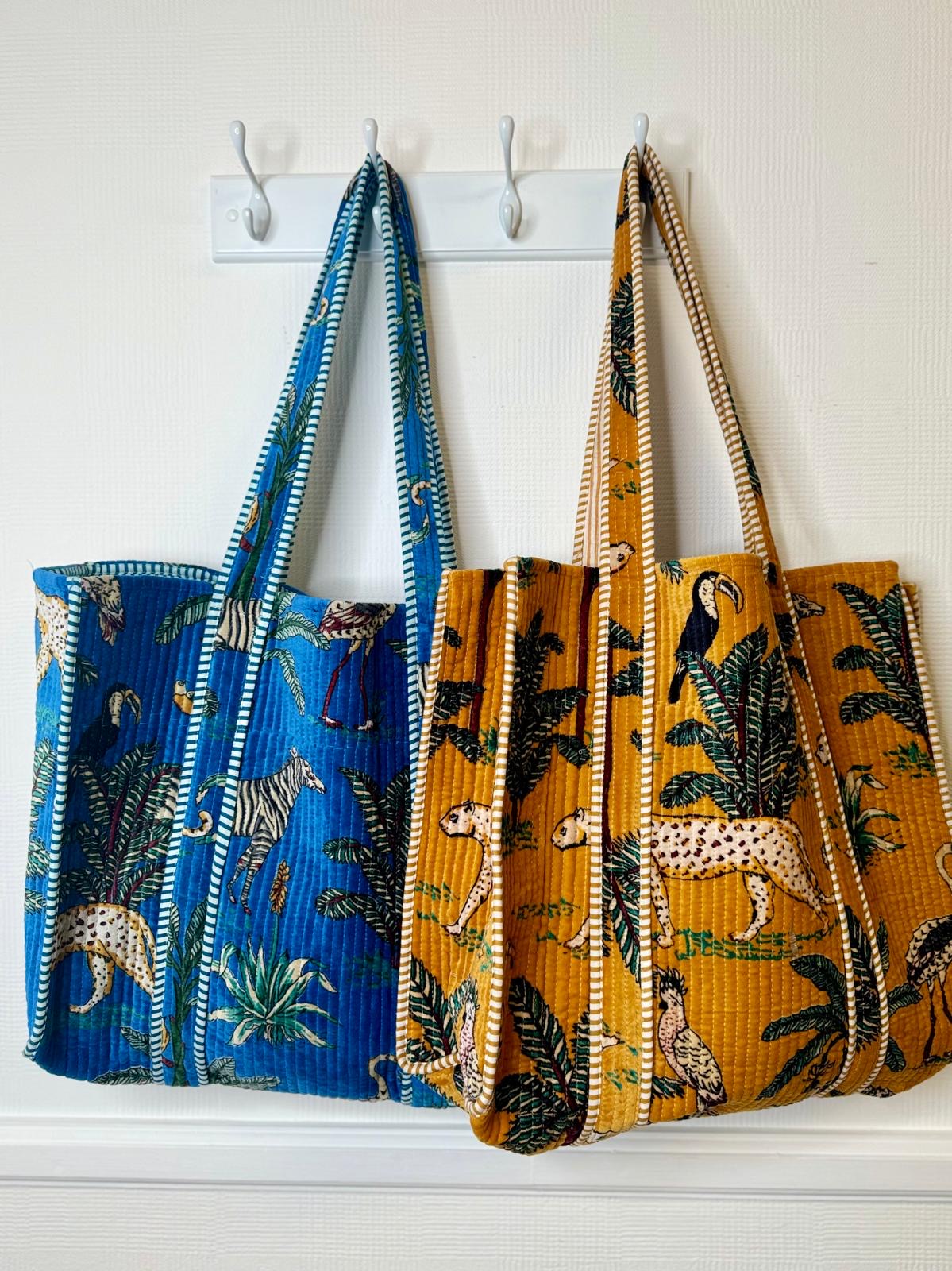 Kantha Quilted Velvet Safari Animal Print Large Tote Bag Mustard Or Blue