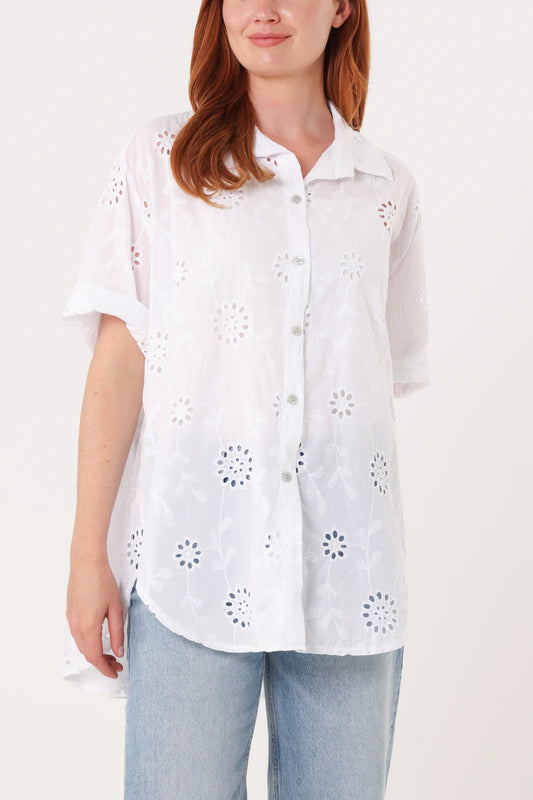 Erin Broiderie Anglaise Loose Shirt - White Or Mocha