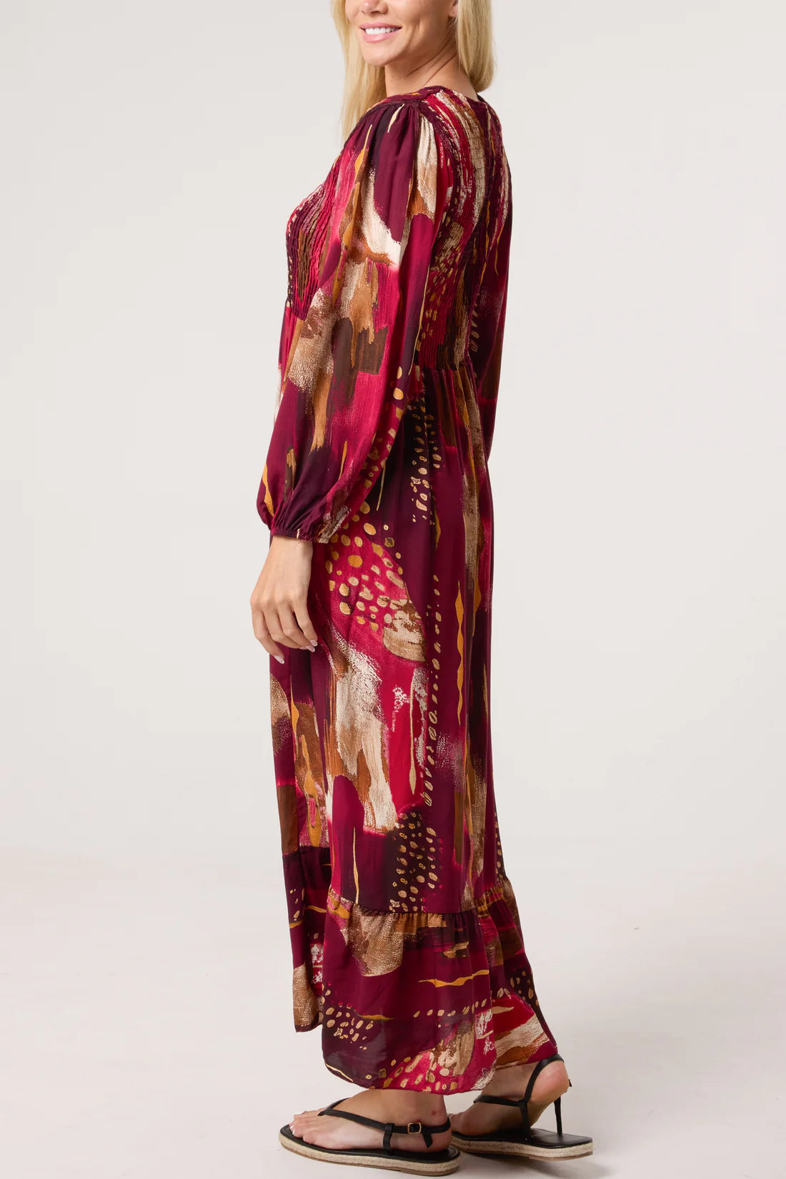 Elizabeth Ruched Bodice Midaxi Dress With Long Sleeves - Blues Or Burgundy Wine