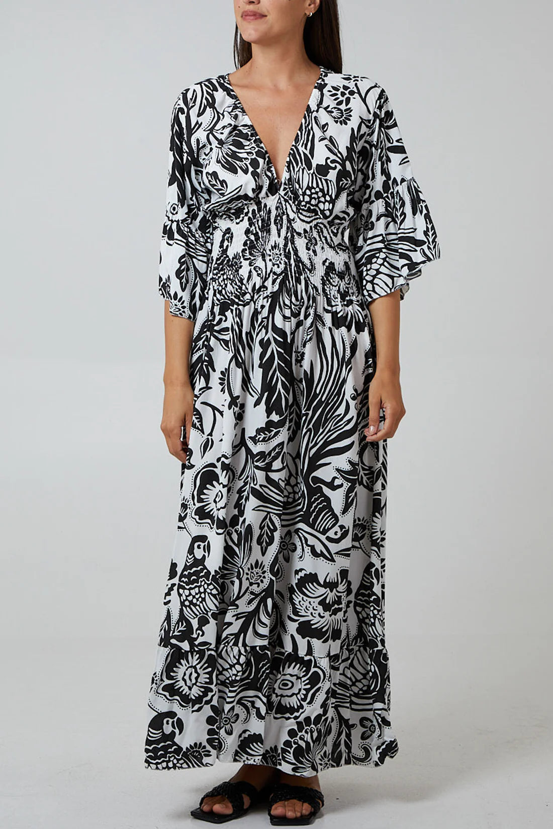 Cassie Shirred Waist Black & White Floral Print Maxi Dress