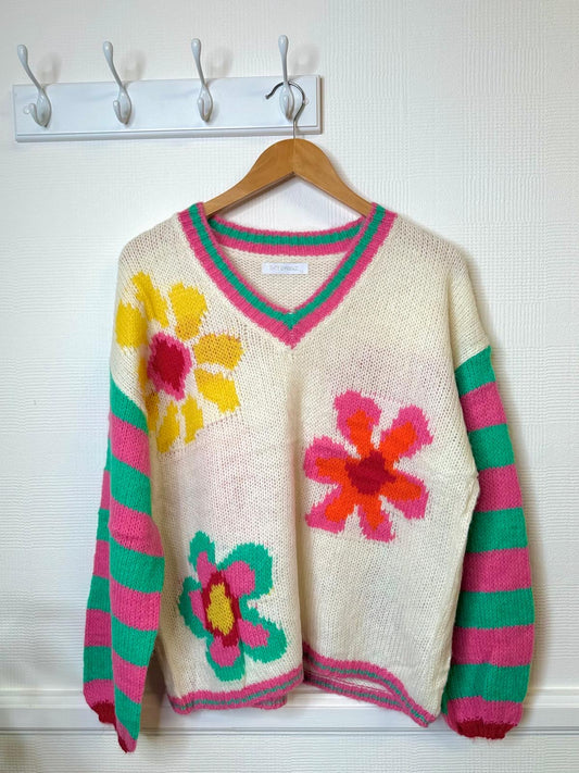 Kaycee Stripe Sleeve Flower Jumper - Cream