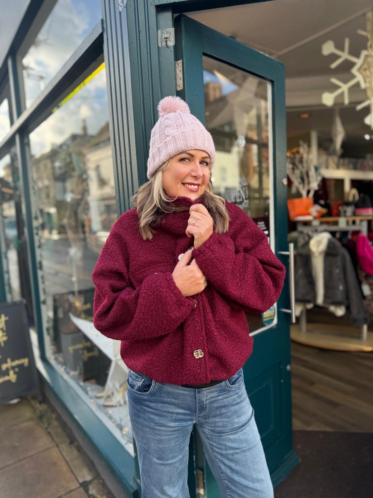 Faye Boucle Bomber Jacket With Gold Buttons - Khaki Or Burgundy
