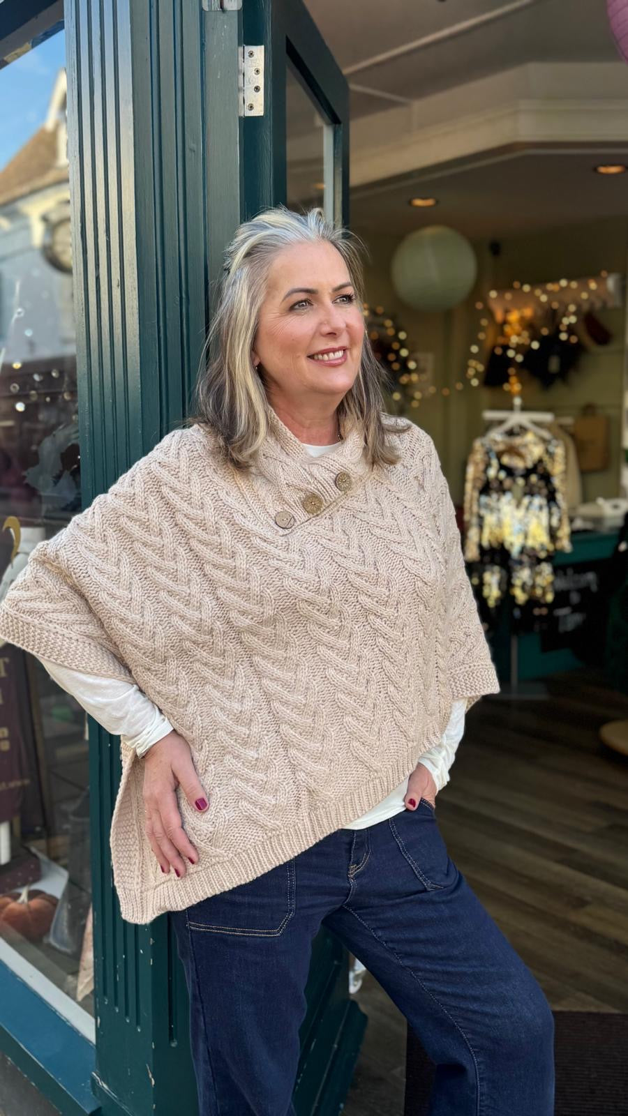 Tina Cable Knit Button Detail Poncho