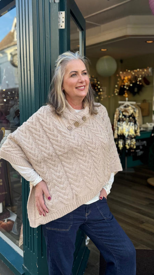 Tina Cable Knit Button Detail Poncho