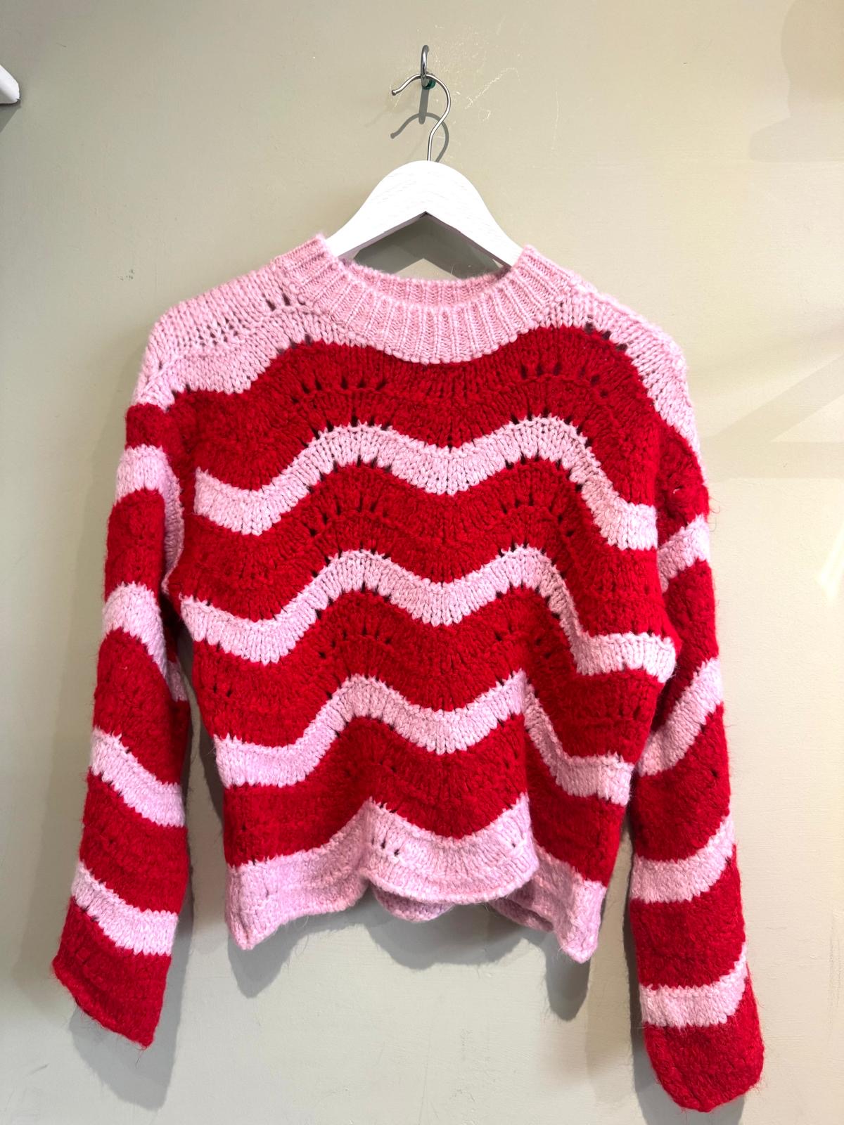 Kerstin Wool Blend Pointelle Wave Jumper - Red & Pink Or Pink & Yellow