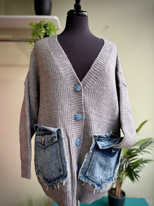 Cameron Slouchy Grey Boyfriend Cardigan With Distressed Denim Patch Pockets