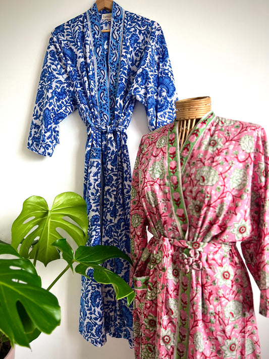 Rosa Hand Block Printed Indian Cotton Dressing Gown Robe - Pink Floral