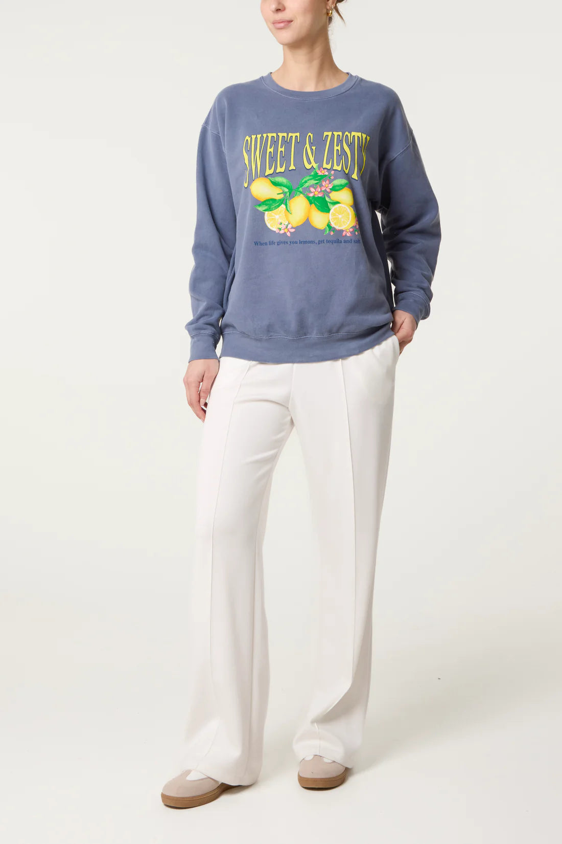 Sweet & Zesty Lemon Graphic Sweatshirt - Faded Denim Blue Or Soft Pink