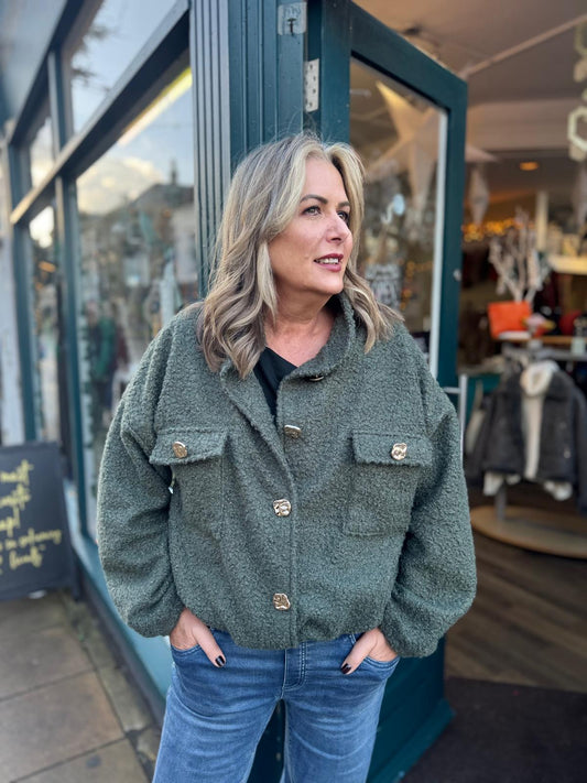 Faye Boucle Bomber Jacket With Gold Buttons - Khaki Or Burgundy