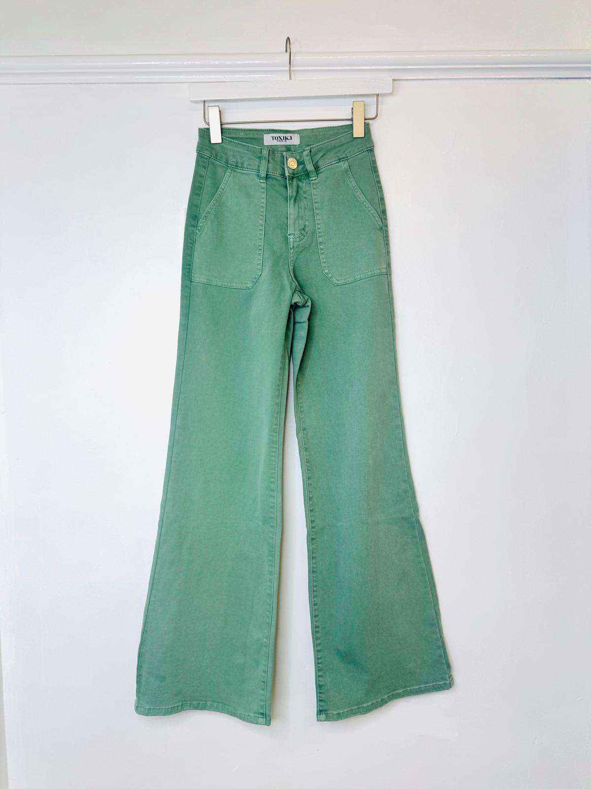 Toxik Wide Leg 70s Style Jeans - Sage Green Or Beige