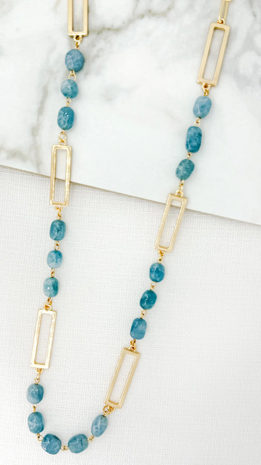 Envy Jewellery Long Gold Rectangular Chain Necklace With Teal Blue Agate Beads