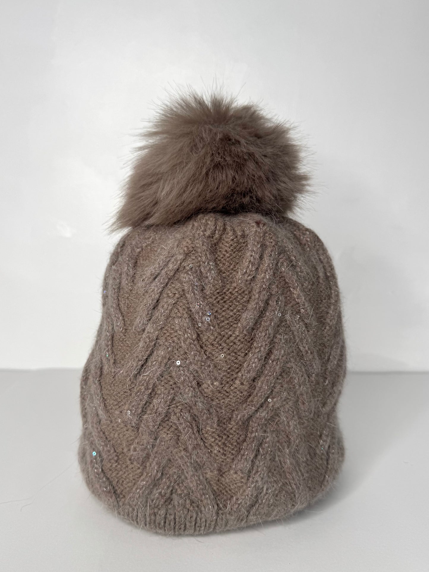 Sinead Muted Pastel Wool Blend Cable Knit Faux Fur Pom Pom Hat - Subtle Sequin Trim - Pastel Blue, Soft Grey, Soft Taupe