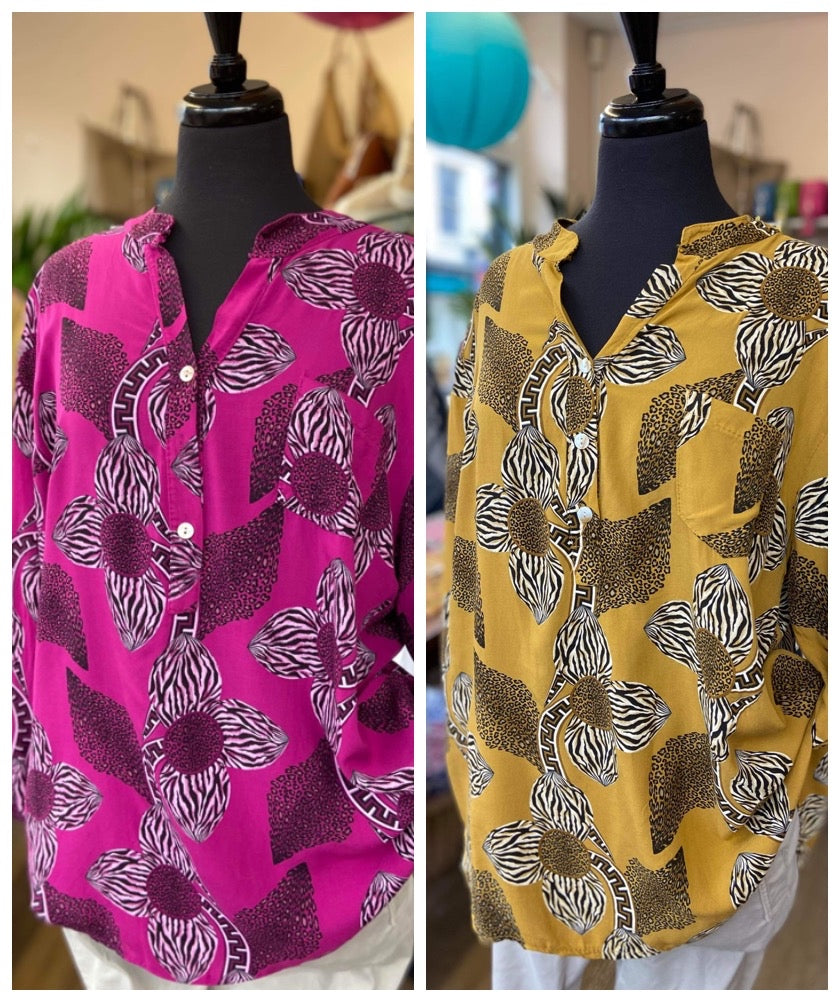 Kaya Batik-Inspired Floral Print Blouse - Cerise Pink Or Mustard