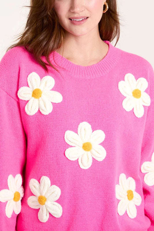 Cerise Pink Chunky Crochet Flower Appliqué Crew Neck Jumper 