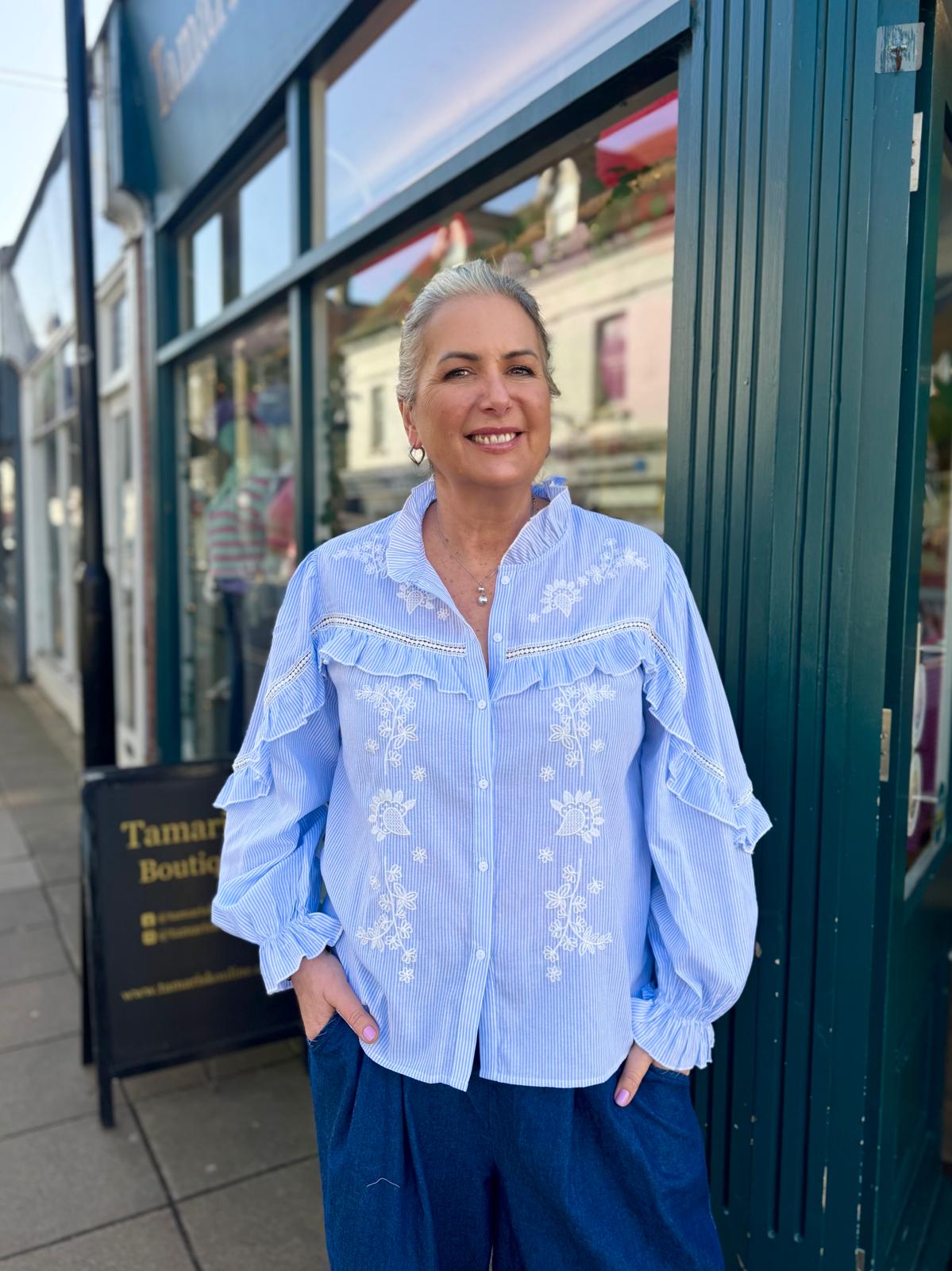 Iris Candy Stripe Frill & Embroidery Trim Blouse With Pie Crust Collar - Pink Or Blue