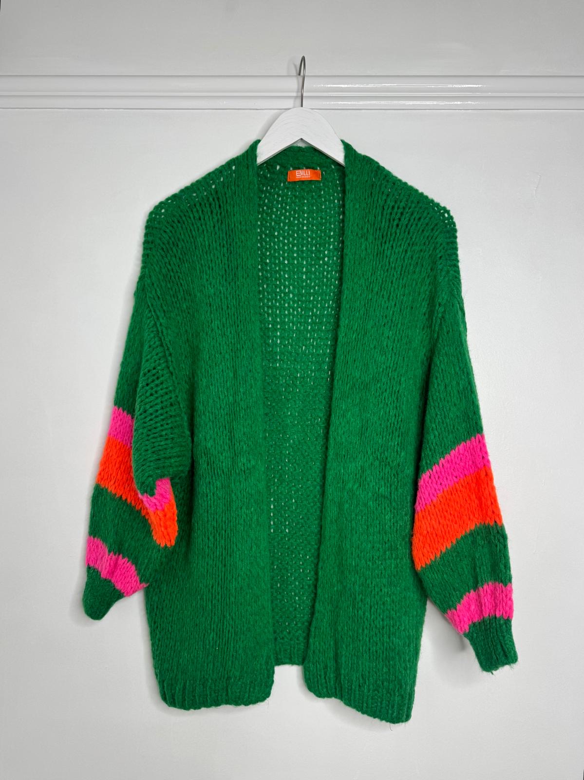 Kelly Green Chunky Knit Cardigan With Multi Stripe Cuffs