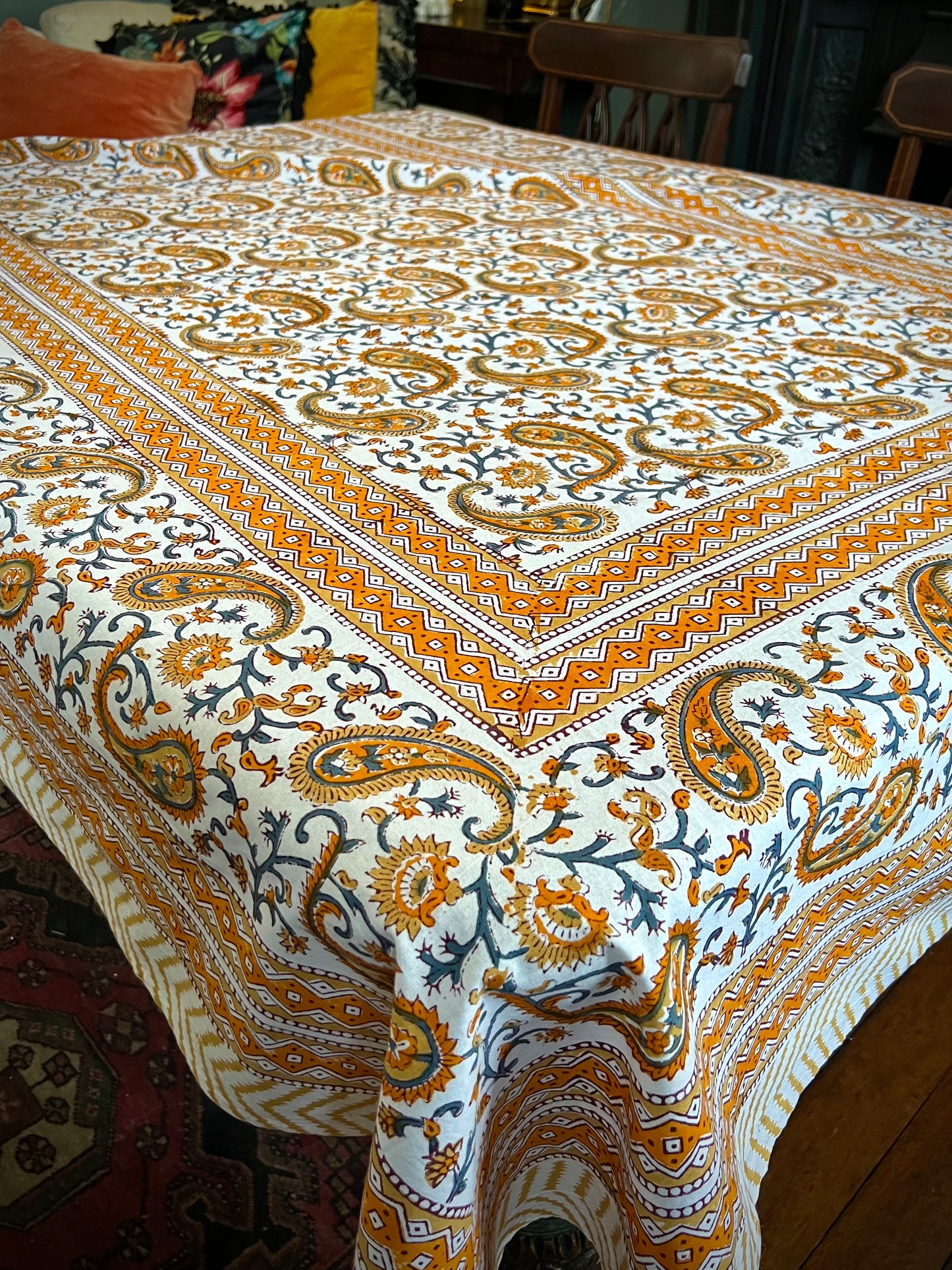 Autumn Spice Hand Block Printed Cotton Tablecloth