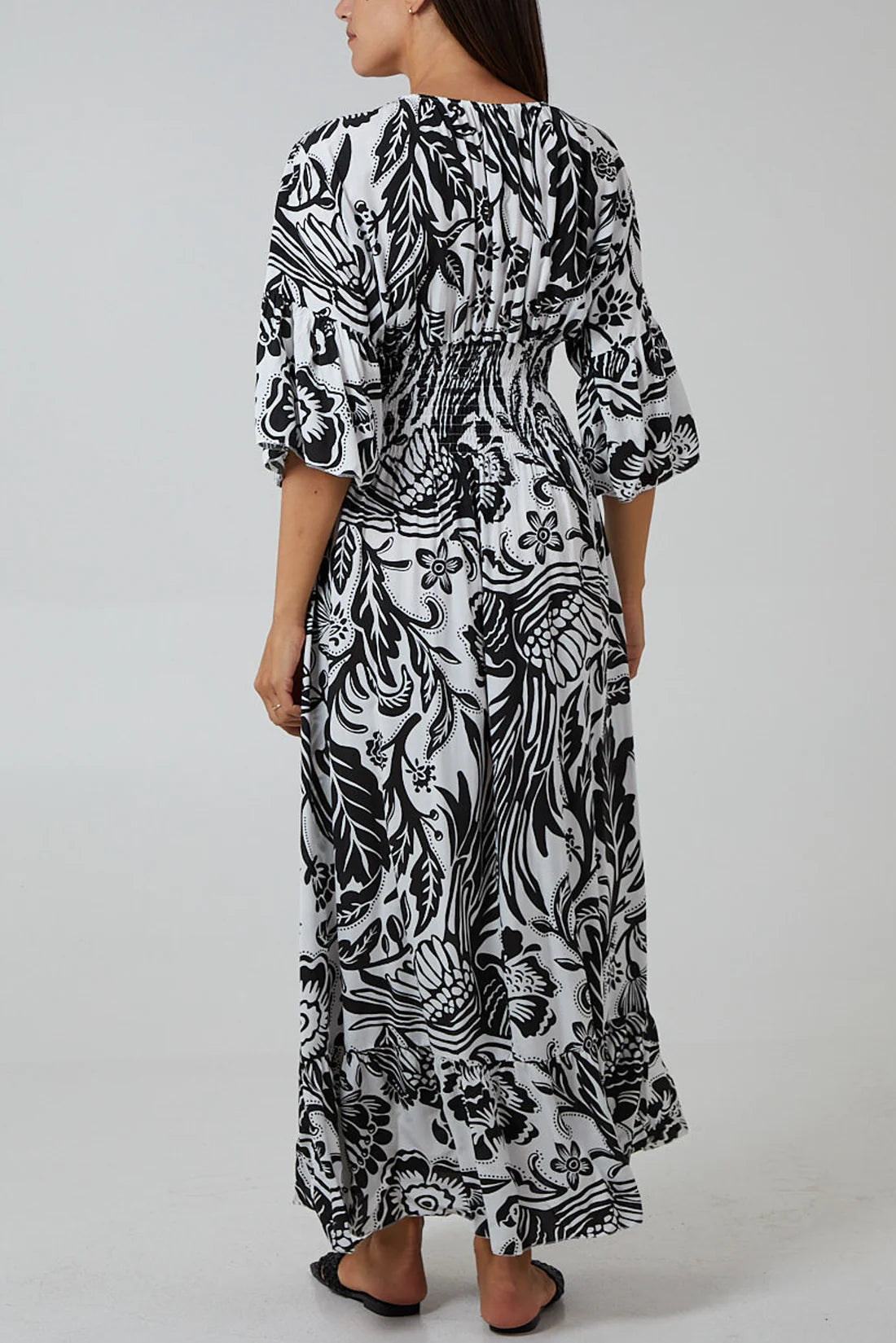 Cassie Shirred Waist Black & White Floral Print Maxi Dress