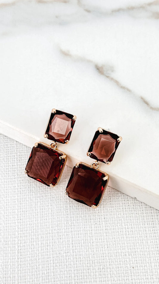 Envy Jewellery Smoky Burgundy Faceted Glass Square Drop Earrings