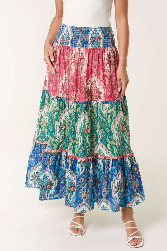 Rachael Boho Tiered Multicoloured Paisley Print Maxi Skirt