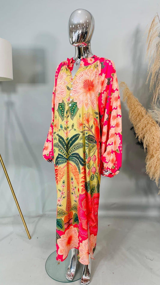 Margot Maxi Kaftan - Pink & Green Palm & Lotus Print - Matte Satin