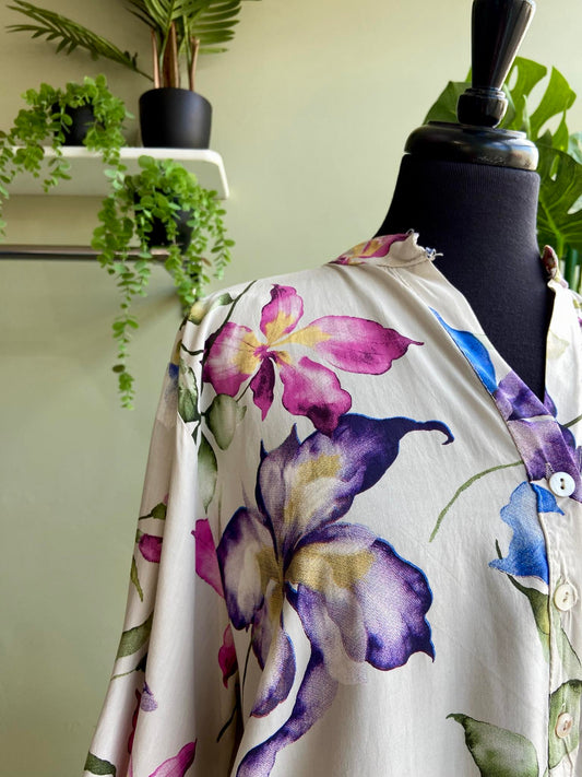 Freddie Collarless Shirt - Cream Floral