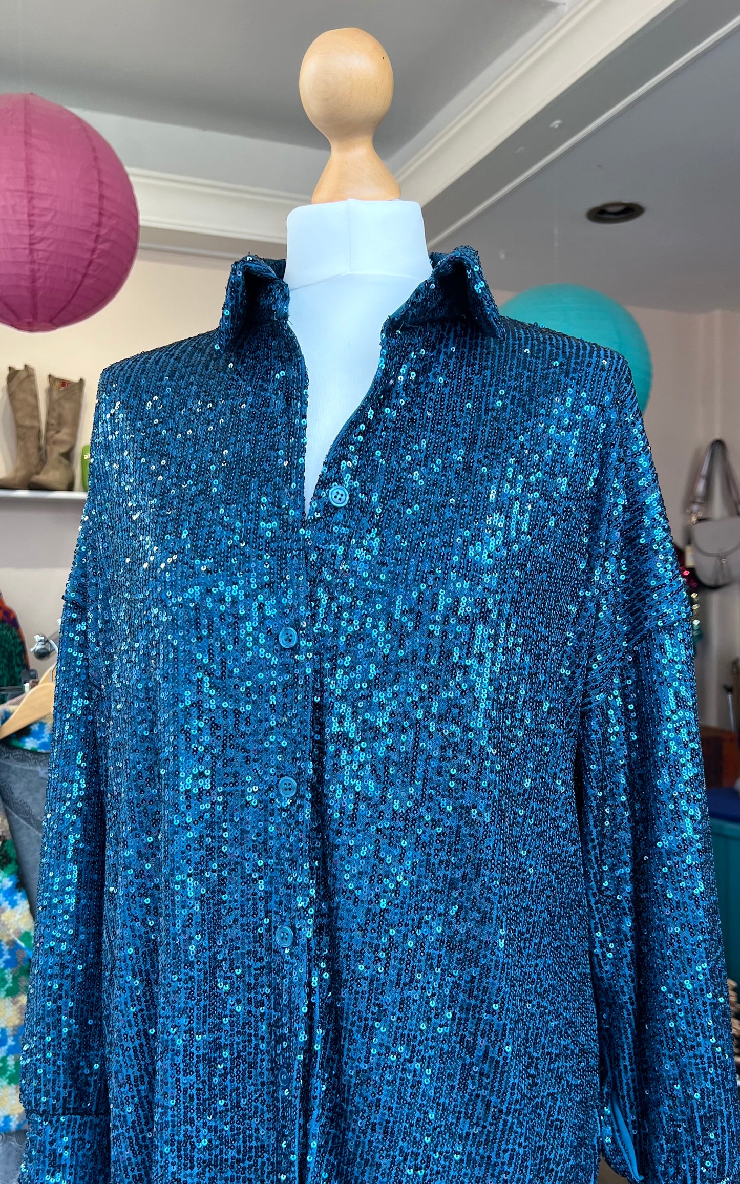 Lola Long Fully Sequinned Shirt - Rich Teal
