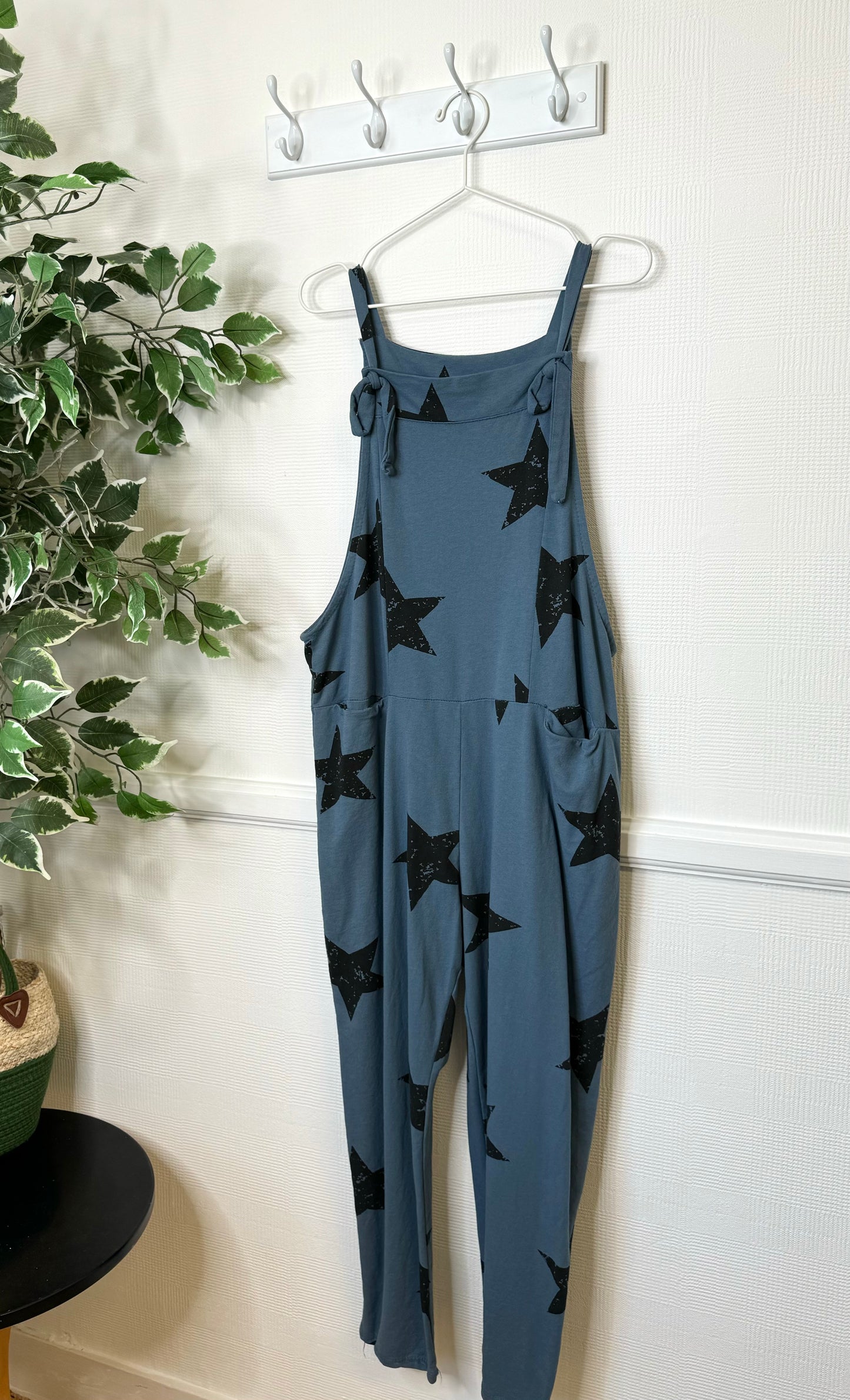 Star Print Slate Blue Jersey Dungarees With Tie Fastening