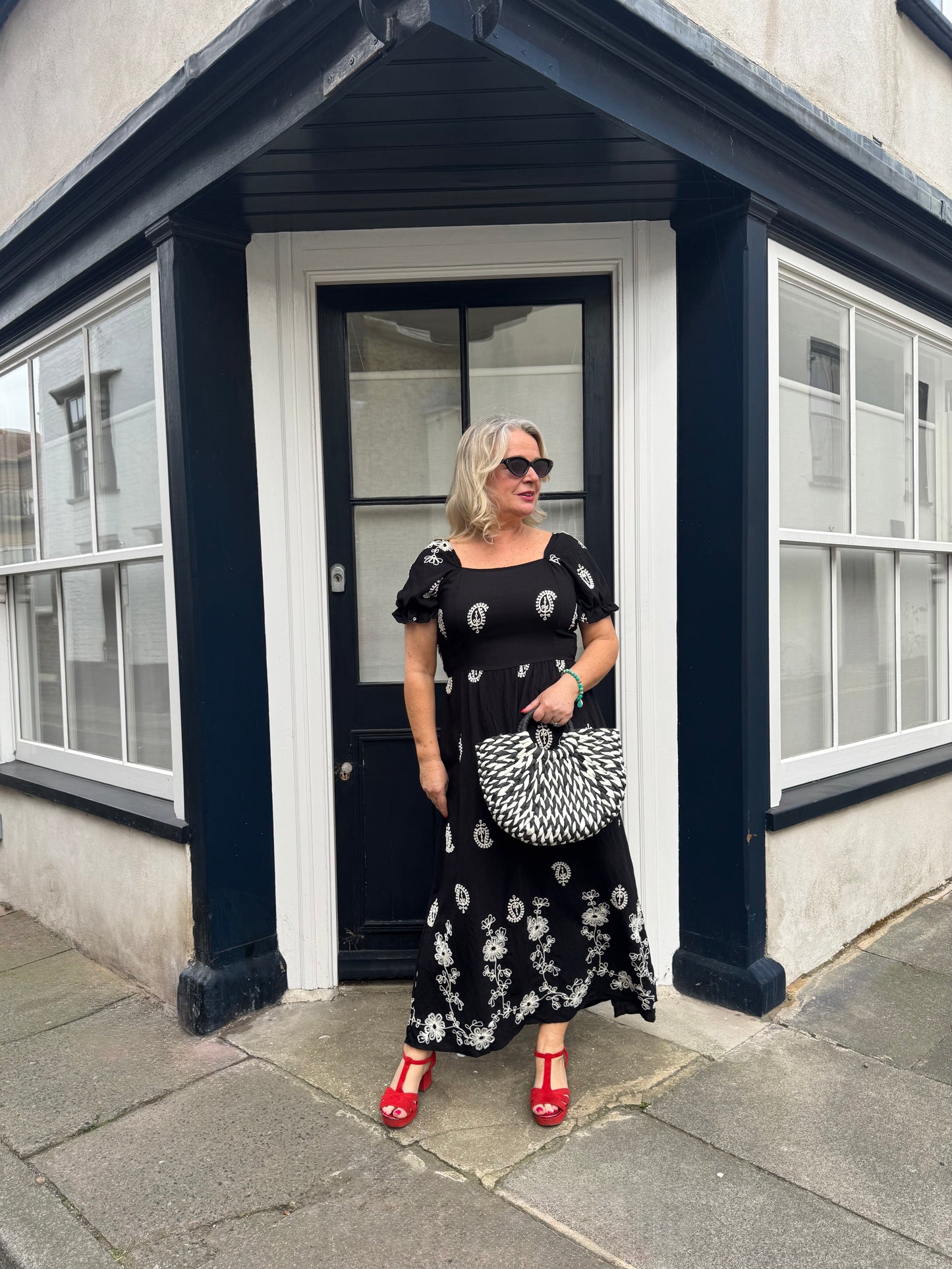 Rosa Black Embroidered Midi Dress