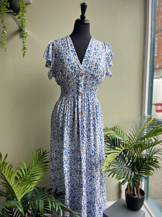 Meadow Ditsy Print Shirred Waist Maxi Dress With Short Frill Sleeves - Black Or Blue
