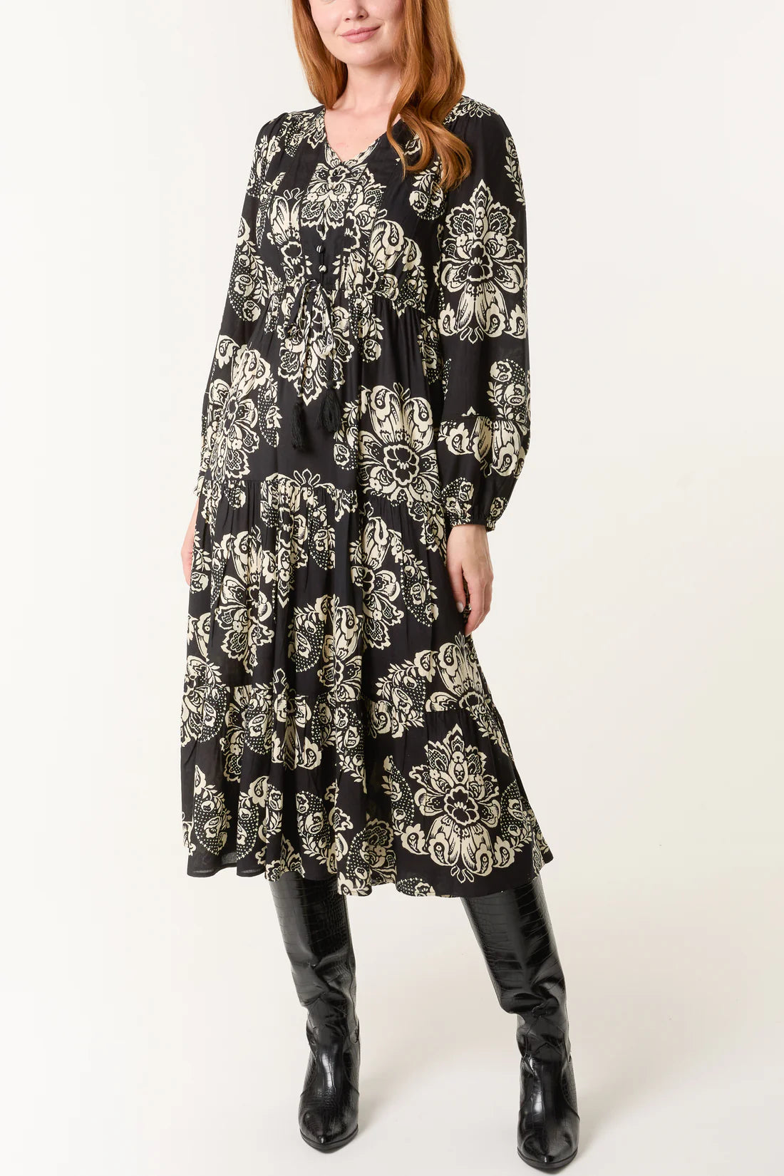 Chloe Empire Line Long Sleeve Midi Dress - Black Or Burgundy Floral Print