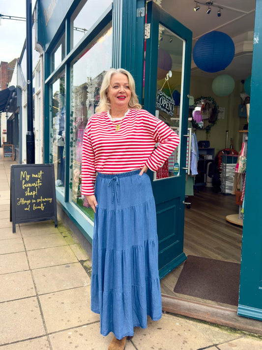 Annie Lyocell Denim Tiered Maxi Skirt