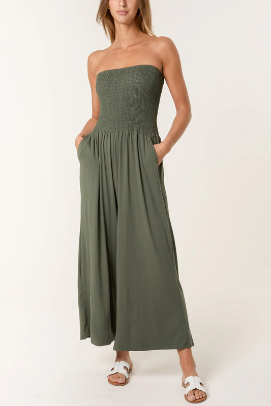 Saira Jersey Jumpsuit With Shirred Bandeau Bodice & Wide Leg - Khaki Or Denim