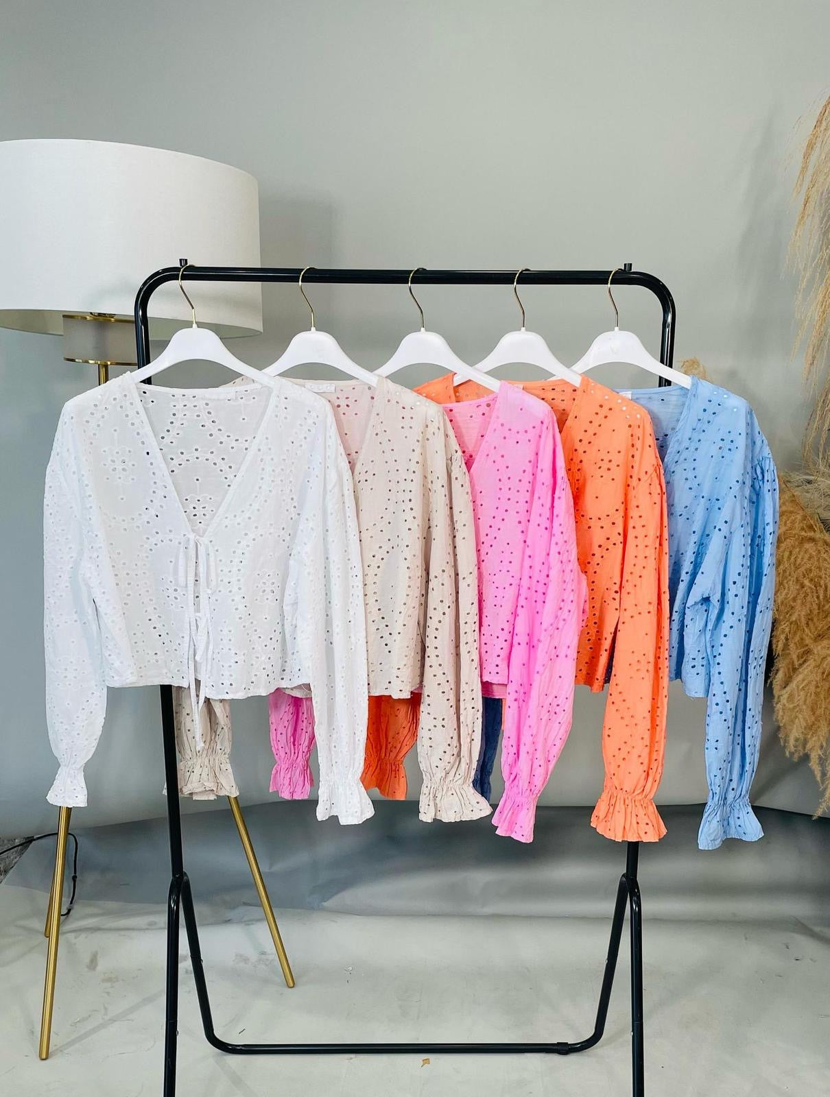 Kathleen Broiderie Anglais Long Sleeve Tie Front Blouse Top - White, Light Orange, Pastel Blue Or Pink